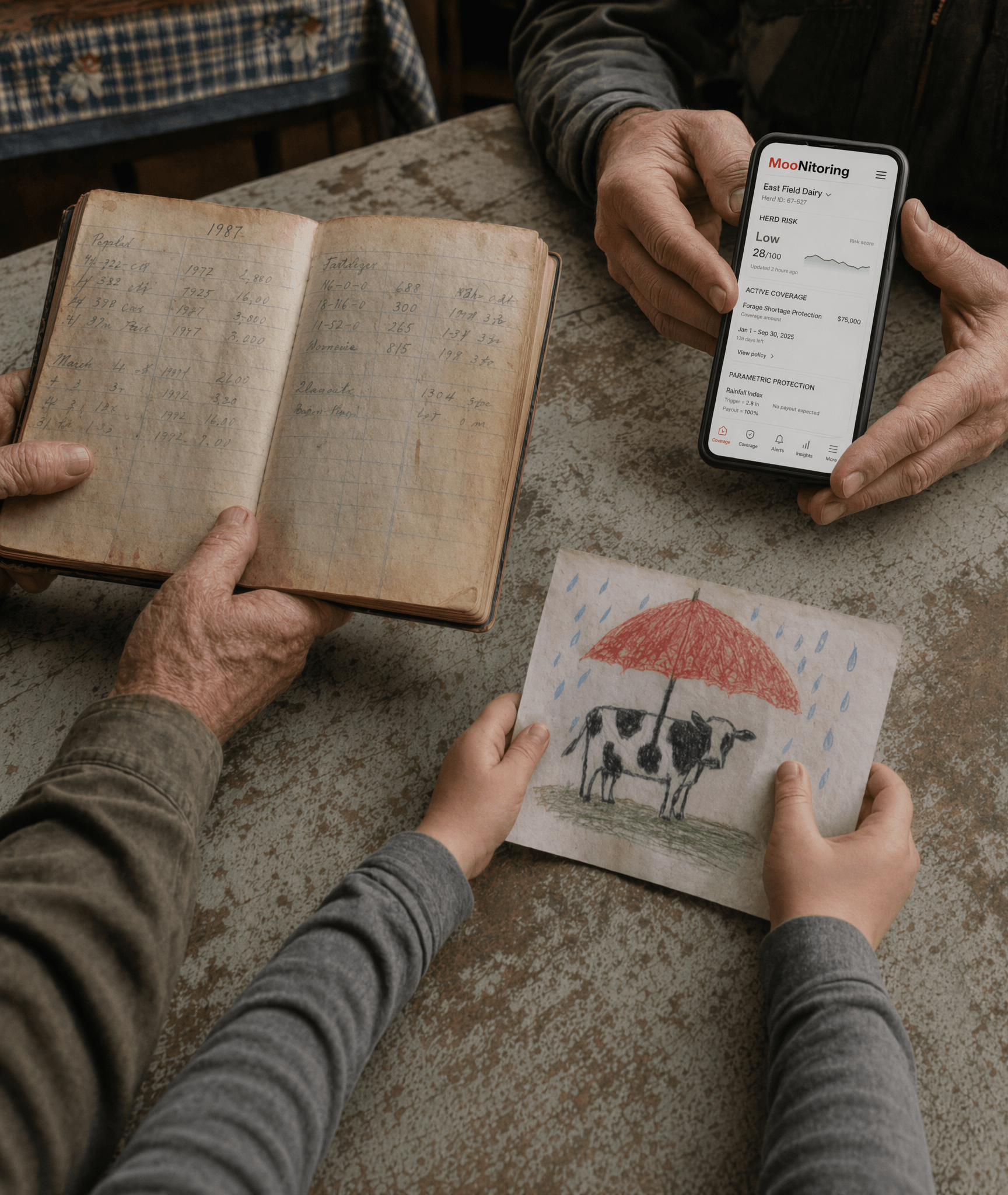 The MooNitoring app on a phone beside handwritten farm records and a child's cow drawing.