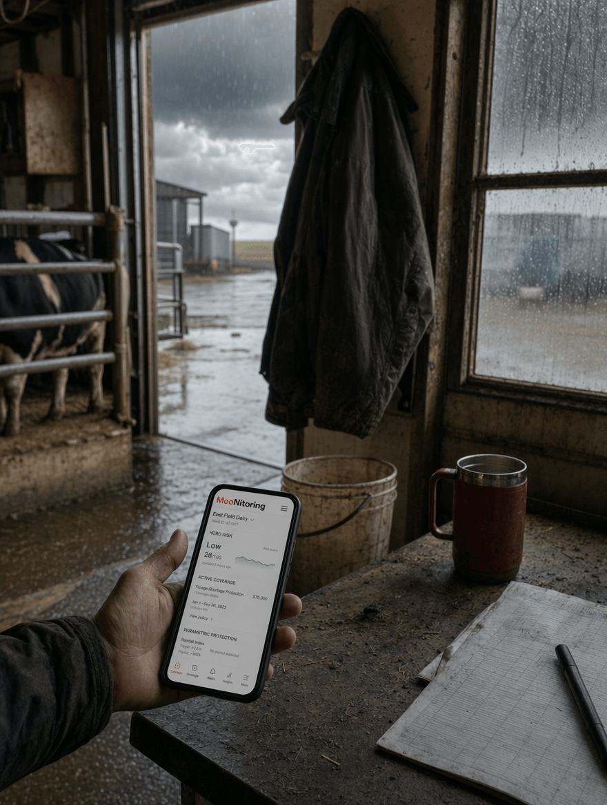 The MooNitoring app held inside a dairy barn on a rainy day.