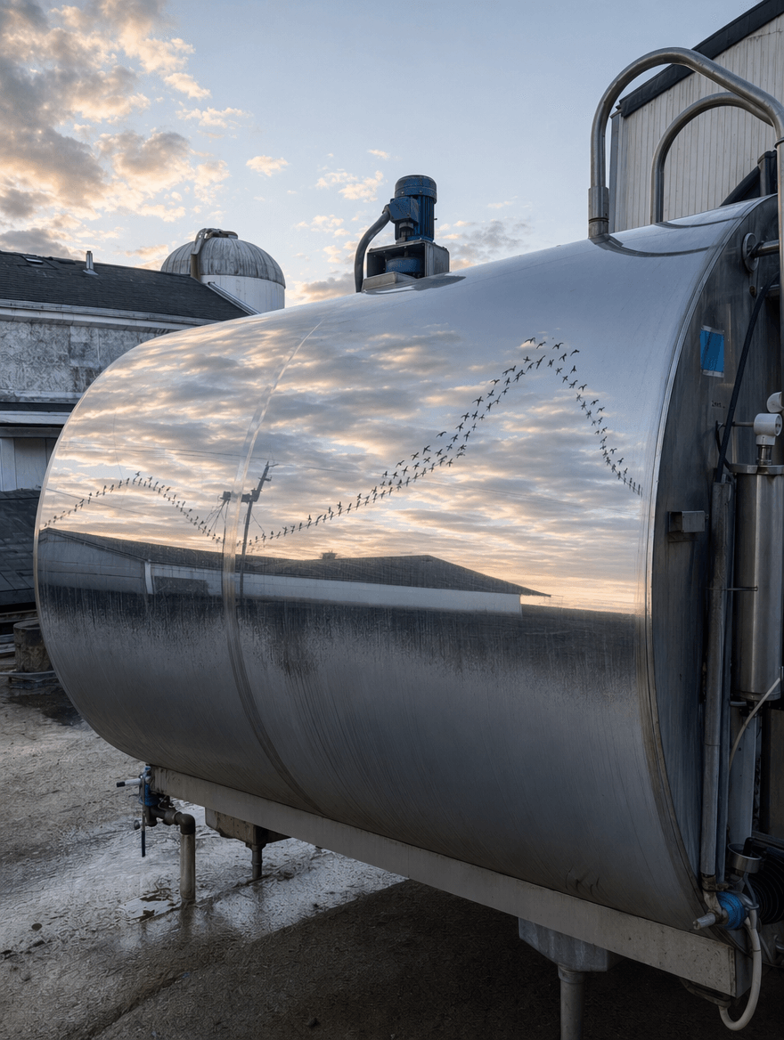 A reflective dairy tank outside the barn at sunrise.