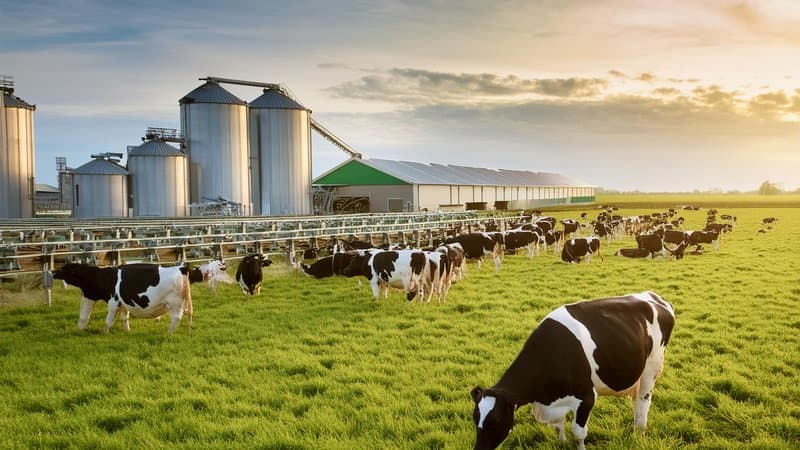 Modern dairy farm with cows grazing in green fields