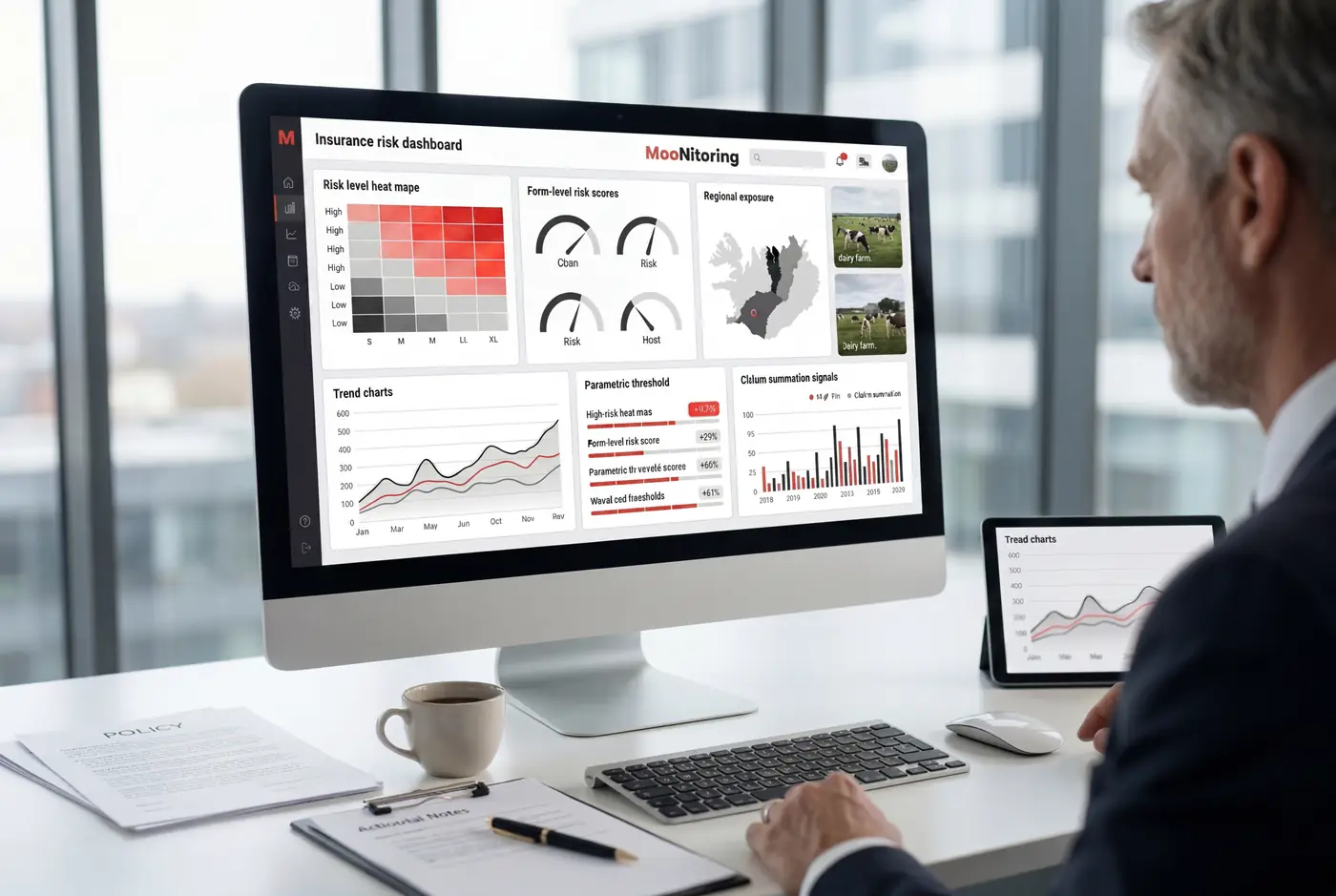 Insurance professional reviewing an agricultural risk dashboard in a modern office